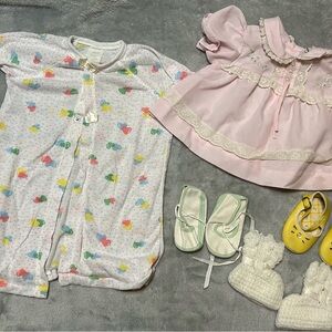 Lot Of Vintage newborn Baby Reborn Clothes Shoes Booties Nightgown Pink Dress